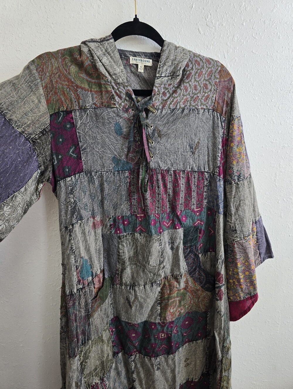 Earthbound Patchwork Maxi Dress in Gray with Jewel Tones Quilted Sz Small - Picture 5 of 10